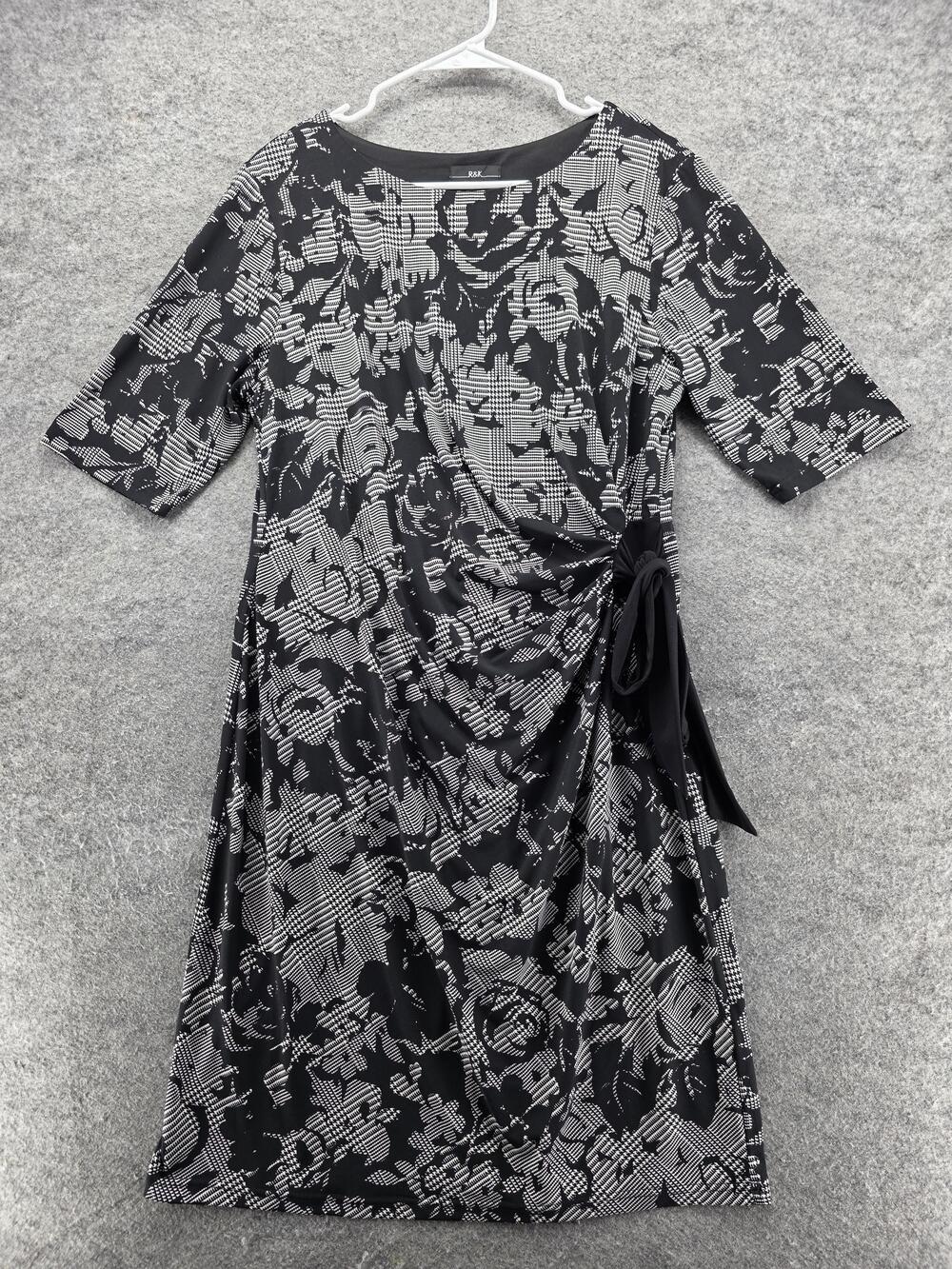 R&K Dress Womens Large Black White Ruched Floral Midi Short Sleeve Stretchy